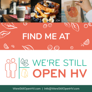 graphic for businesses to download to say that they are listed on We're Still Open HV