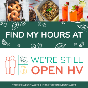 graphic for businesses to download to say that they are listed on We're Still Open HV