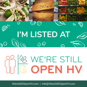 graphic for businesses to download to say that they are listed on We're Still Open HV